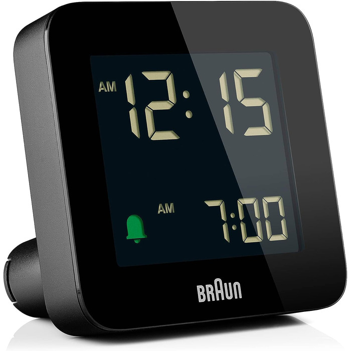Braun Digital Alarm Clock with Snooze Function, Negative LCD Display, Quick-Set Function, Crescendo Alarm in Black, Model BC09B.