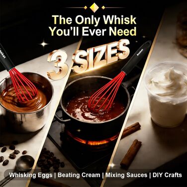 Набір міксерів Anaeat з силікону, 3 шт. – міцний сталевий дріт всередині, стійкий до високих температур. Ідеально підходить для посуду з антипригарним покриттям. Для збивання, змішування, приготування. (Червоний) 21 см + 26 см + 30 см