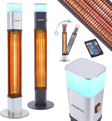 Електричний інфрачервоний обігрівач Arebos 1500W для тераси | з LED-підсвічуванням та пультом керування | Сріблястий колір | Обігрівач на вугільному інфрачервоному випромінюванні
