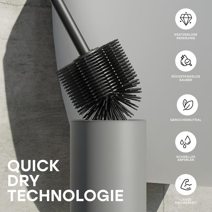 Торцева щітка для унітазу з нержавіючої сталі та силікону з дискретним тримачем - щітка для туалету з захистом від бризок, антибактеріальна, сіра