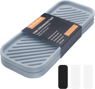 Стильний тримач для мила з силікону для раковини, органайзер для кухні, ванної, туалетного столика, столу, зберігання губки, мила, щітки, косметики, пляшок, довговічний, 2 шт. (23.5 x 9.5 x 1.4 см, Сірий)