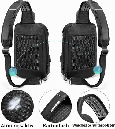 Чоловіча сумка-слінг Crossbody через плече, водонепроникна нагрудна сумка з USB-портом для подорожей, роботи та спорту, чорна