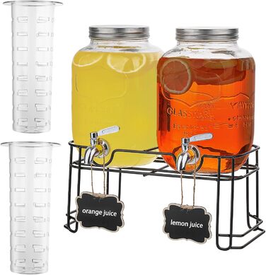 2 x 4L Glass Drink Dispensers with Stand, Drink Dispenser, Glass Water Juice Dispenser with Spout for Iced Juices, Water, Homemade Drinks, Parties, Weddings