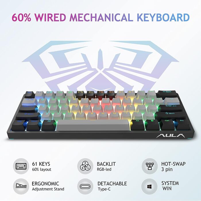 Механічна ігрова клавіатура AULA F3261, 60%, RGB, провідна, QWERTY, коричневі перемикачі, для ПК/планшету/PS/Xbox