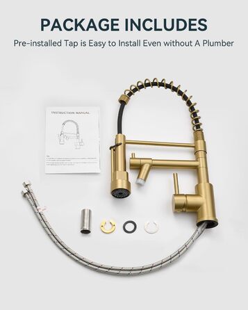 Кран кухонний LED Warmiehomy професійний, 360° поворотний, з двома виливами, високий вигин, спіральна пружина, для мийки, з нержавіючої сталі (золотий)