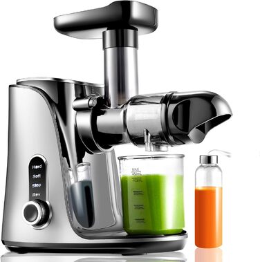 AMZCHEF Електричний соковитискач для овочів та фруктів - 2 швидкості, висока вихідність соку, функція реверсу, тихий мотор, сірий сріблястий, 45 мм