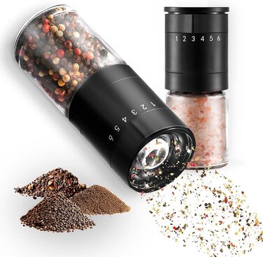 Набір з 2 перцемолок з керамічним механізмом та 6-ступеневим регулюванням – великі соляні та перцеві млини, чорний матовий, ручні, регульовані та з можливістю поповнення. Багатофункціональні