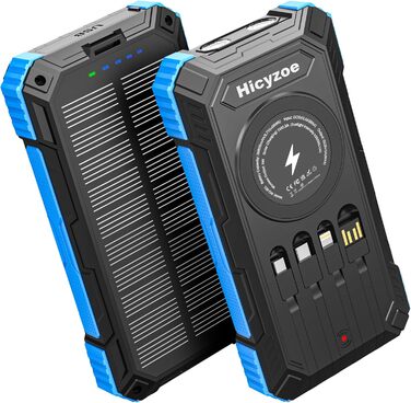 Сонячний павербанк 26800 mAh з 4 кабелями, USB-C, Qi, LED-ліхтарик, для телефонів, планшетів та кемпінгу