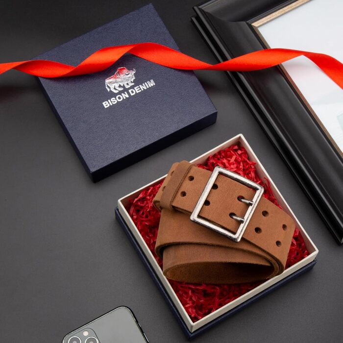Чоловічий шкіряний ремінь BISON DENIM: класичний бізнес-ремень для джинсів з металевою пряжкою та подарунковою коробкою (W71812-1zm-braun, 120)