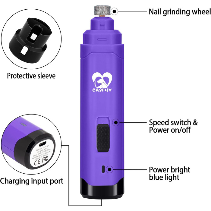 Електричний точило для кігтів собак Casfuy - професійний, 2 швидкості, перезаряджається, для собак та котів (фіолетовий)