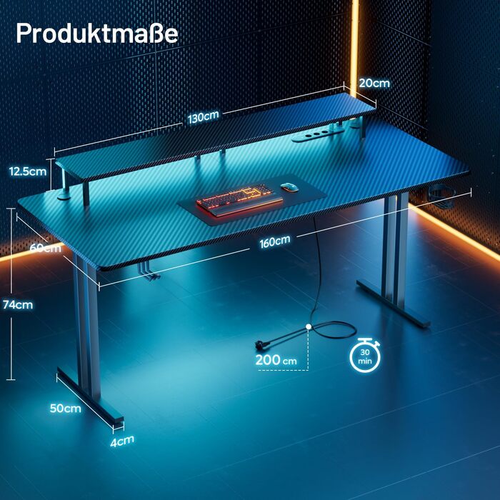 Ігровий стіл HLONONE з LED-підсвіткою та розеткою, 160 x 60 см, комп'ютерний стіл для геймерів, чорний