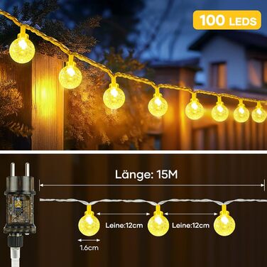 LED гірлянда на батарейках, 15 метрів, кульки, тепле біле світло, для внутрішнього та зовнішнього використання, IP65, вологостійка, з пультом дистанційного керування, диммування, ідеальна для кімнати, Різдва, вечірки, саду, тепле біле світло