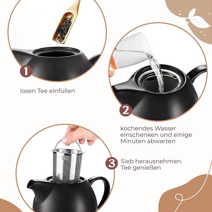 Teapot with infuser, ceramic - 1.2 l - Ceramic teapot, black (anthracite) - Tea Pot - Teapot Ceramic - Teapot accessory - Tea maker for loose leaf tea