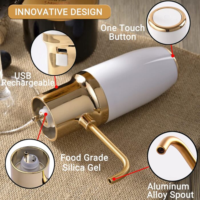 Electric Wine Aerator Pourer, Portable One-Touch Wine Decanter and Wine Dispenser Pump for Red and White Wine Multi-Smart Automatic Wine Oxidation Dispenser, USB Rechargeable (White & Gold)