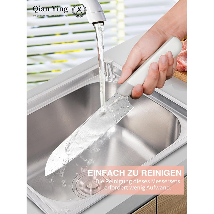 Набір кухонних ножів Qianying з блоком: 14 предметів, нержавіюча сталь, з точилкою, срібний колір, подарунок для мами