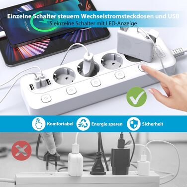 Мережевий фільтр перенапруги HUNIAN з 4 розетками та 4 USB, 4000W/16A, індивідуальне вмикання, захист від дітей, 2 м кабелю