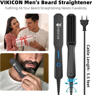 VIKICON Men's Beard Straightener Brush - Mini Pro Hair Straightener with Negative Ions, 3-Temp Settings, Portable & Fast for Beard & Hair Styling - Black
