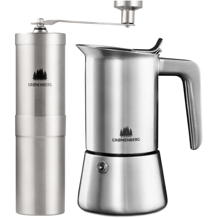 Groenenberg Spar Set 2: Manual Coffee Grinder + Induction Moka Pot (4 or 6 Cup) | Moka Pot and Coffee Grinder made of high-quality stainless steel