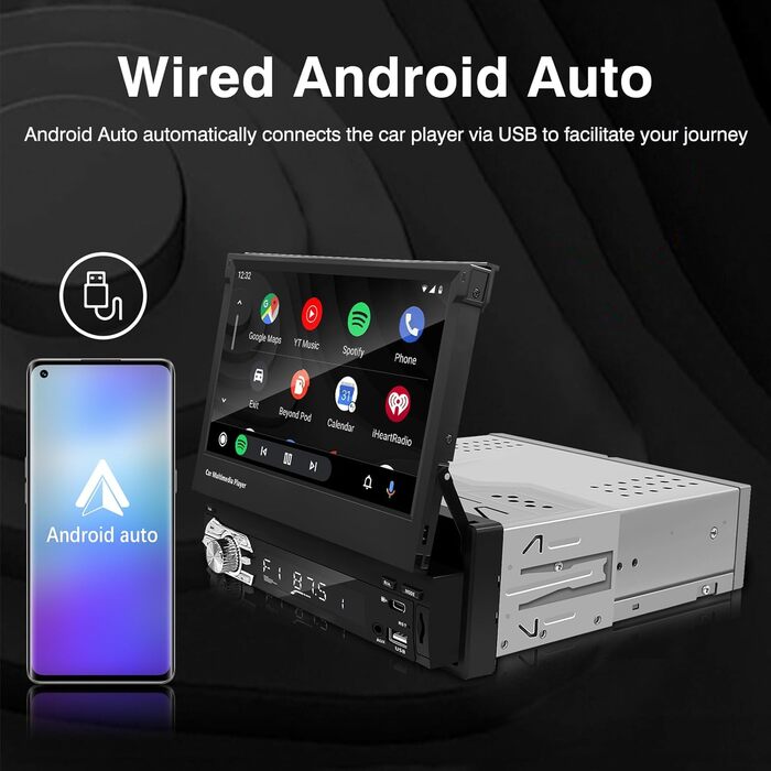 EZoneTronics 7-дюймове 1DIN автомагнітола з CarPlay/Android Auto, сенсорний екран, Bluetooth, підтримка SWC, Mirror Link, еквалайзер, FM/RDS, USB Type-C, AUX, TF-карта, камера заднього виду CW0013