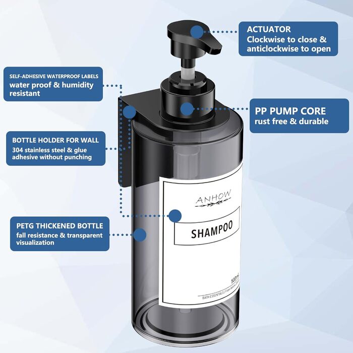 Набір дозаторів для мила на стіну 4er, сірий, 500 мл, без свердління, з наліпками