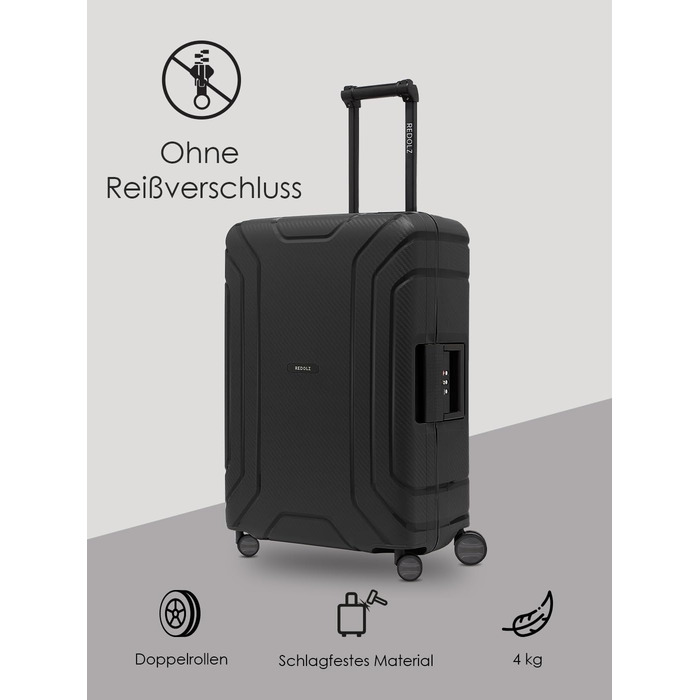 Набір валіз REDOLZ Hartschalen 3-ті: міцний поліпропілен, TSA-замок, 4 колеса, система 3-точкового закриття. Розмір M (65 см), Deep Black.