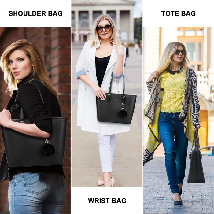 Жіноча сумка-шопер URAQT чорного кольору зі шкіри з помпоном з хутра кролика та брелоком - для офісу, школи, покупок