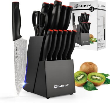 KATISUN 16-Piece Japanese Steel Knife Set with Block - Includes Sharpener, Cutting Board & Kitchen Shears