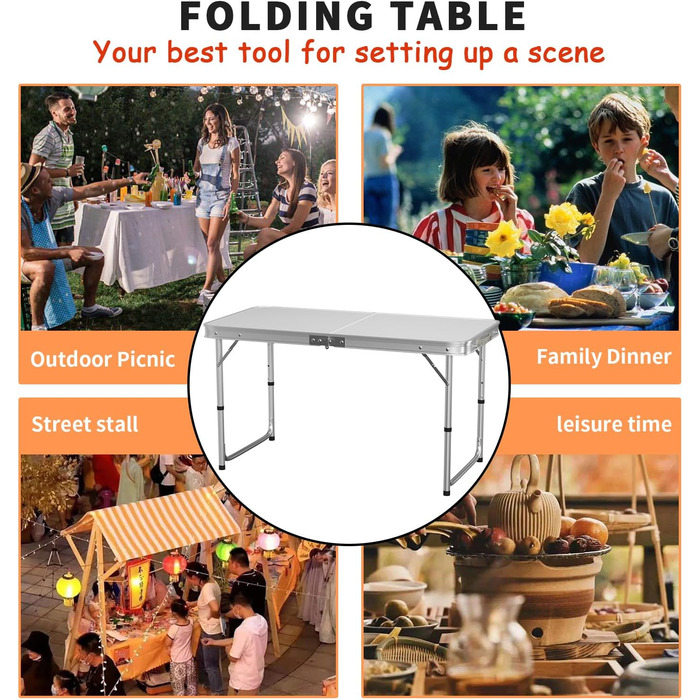 Складний алюмінієвий стіл для пікніка, кемпінгу, саду та вечірок 120x60x70 см, регульована висота