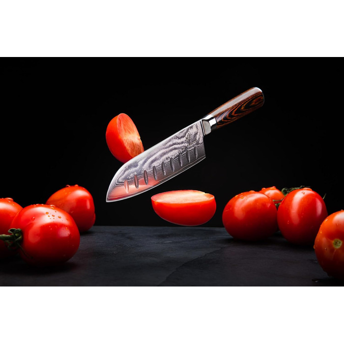 Професійний кухонний ніж Santoku Wolfblood XL 30 см з 67-шарової дамаської сталі, дерев'яна ручка, подарункова коробка та чохол для леза