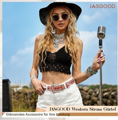 Жіночий шкіряний ремінь JasGood з камінням, в стилі вестерн, ковбойський, з заклепками для джинсів та штанів (Червоний, 135 см - підходить для розміру штанів 111-123 см)