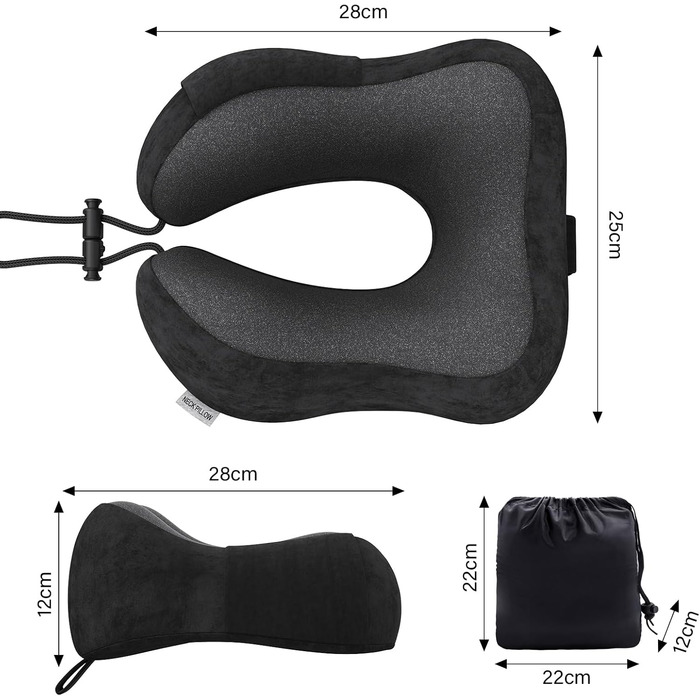 Подушка для шиї у подорожах: автомобільна, для літака, з memory foam та м'яким чохлом. Підходить для дорослих, офісу, дому та кемпінгу (Чорний)