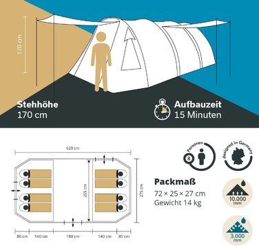 Намет Skandika Kambo Tunnel 4 особи - сімейний водонепроникний намет з темною спальнею, 3 входи, великий тамбур, антрацит/зелений