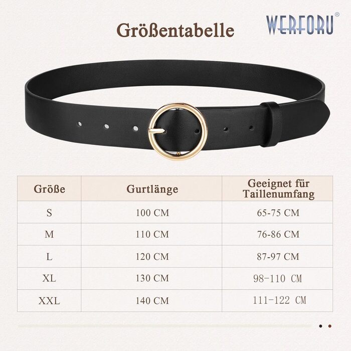Жіночі шкіряні ремені WERFORU (2 шт.) для джинсів та штанів, з золотою пряжкою O-Ring, чорний+коричневий, розмір талії 65-75 см