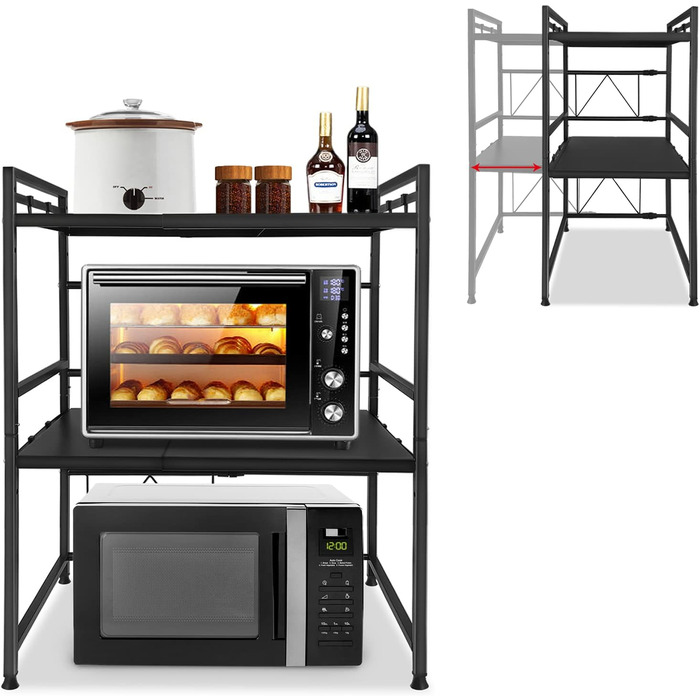 Expandable Microwave Shelf with 8 Hooks, 3-Tier Microwave Stand Freestanding Shelf Microwave Holder Baker's Rack Organizer for Kitchen Countertops, Black