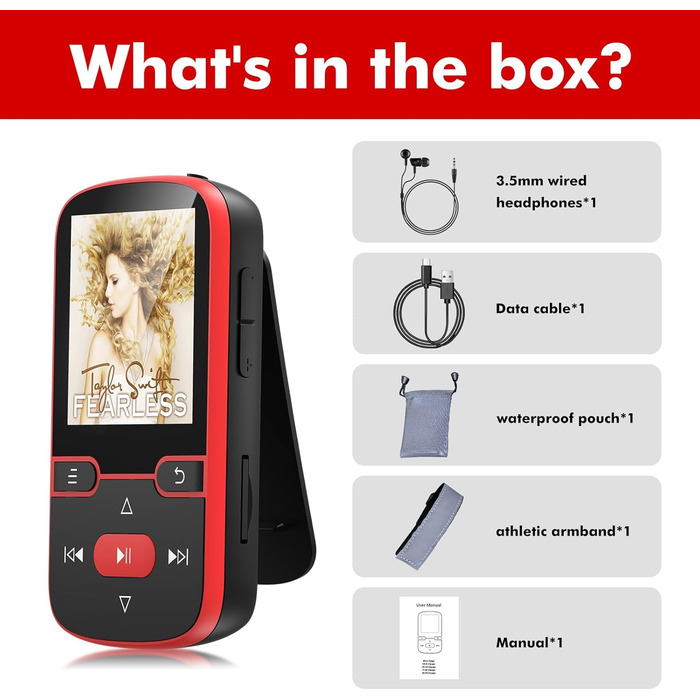 MP3 плеєр 64GB Bluetooth 5.3 з кліпсою, Hi-Fi, для спорту, з FM-радіо, диктофоном, крокоміром, підтримка картки до 128GB, червоний