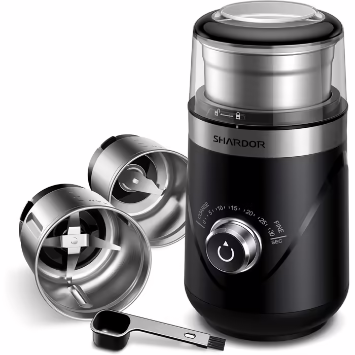 SHARDOR Coffee Grinder with 2 Stainless Steel Cups, Spice Grinder, Automatic Timer, Quiet Grinding, Can be Used for Grinding Coffee Beans, Spices, Grains, Sugar, Nuts, 2 * 80g