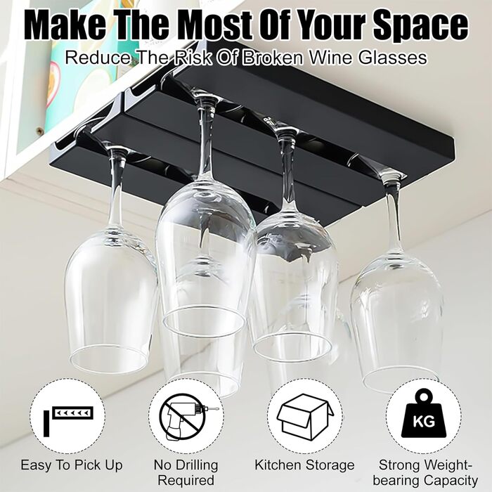 Кріплення для келихів вина, 2 шт., самоклеючі, без свердління, для кухні, бару, ресторану, готелю (чорний)