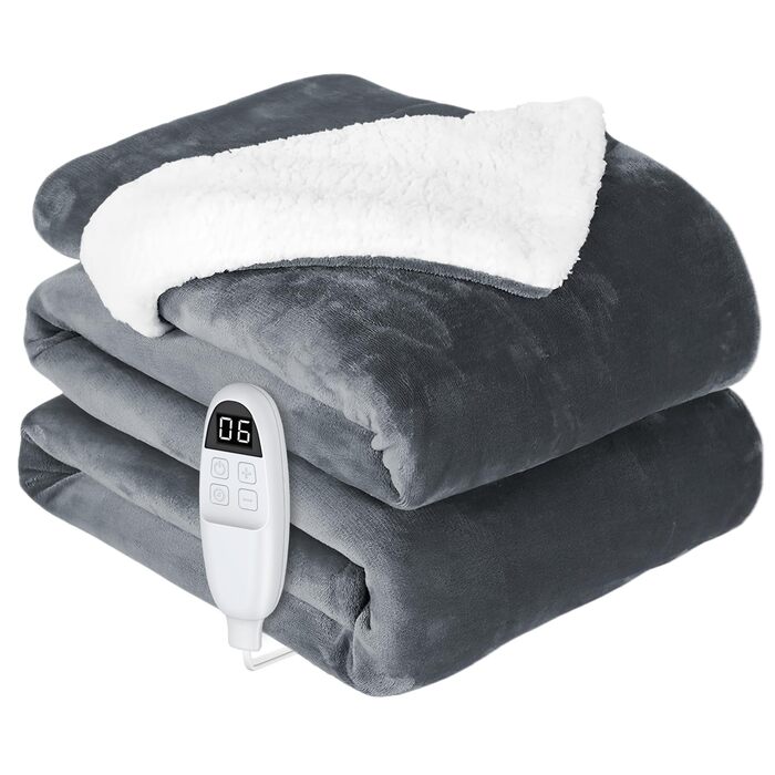 Електрична ковдра AnySun з підігрівом 180x130 см з автовимкненням, 6 режимів нагріву, таймер 10 годин, захист від перегріву, для ліжка, дивану, машинне прання, сіра