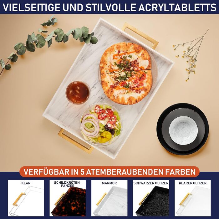 Acrylic Serving Tray with Golden Handles, 40.6 x 30.5 x 5.1 cm Decorative Tray for Table, Food, Drinks Serving Platter for Countertop, Kitchen, Bathroom, Party, Serving Tray (Marble)