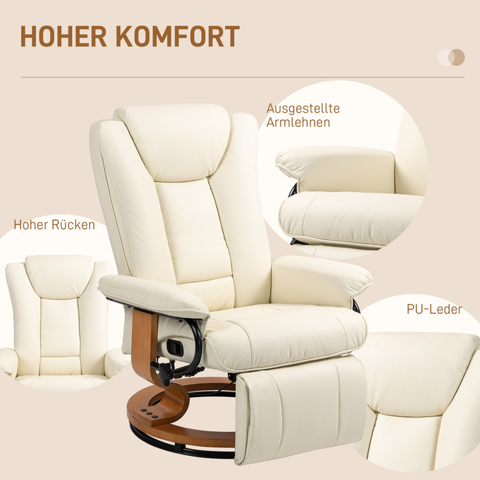 HOMCOM Reclining Swivel Armchair, TV Chair with Reclining Function and Footrest up to 150 kg, Faux Leather in Cream White for Living Room