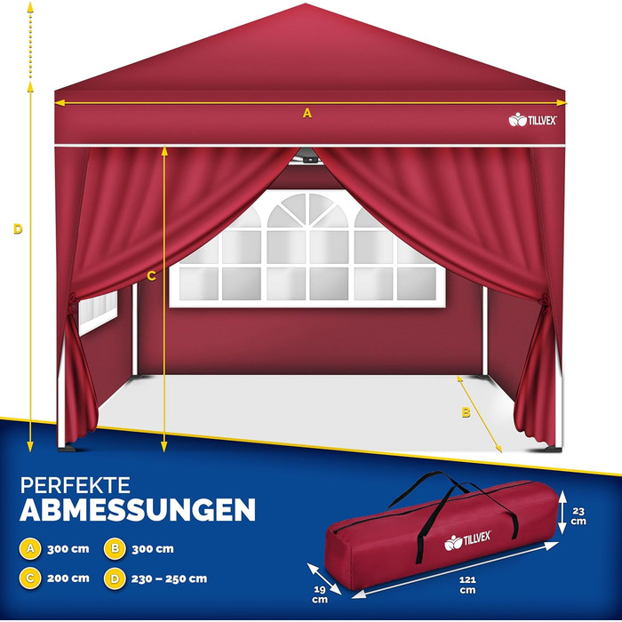 Waterproof Gazebo | Pop-Up Folding Gazebo, Adjustable Height | Garden Tent UV Protection 50+ | Party Tent with Bag for Garden (3x3m - with 4 Side Walls, Red)
