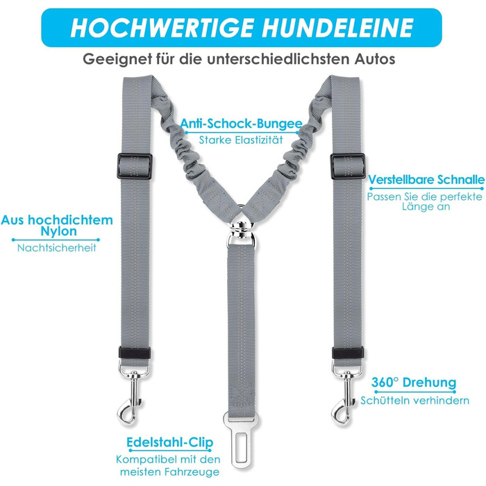Ремінь безпеки для собак SlowTon в авто, 2 в 1, регульований, відбиваючий, сірий. Для подорожей та прогулянок.