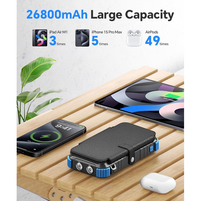 Powerbank Solar 26800mAh з USB-C, 5 виходів, водонепроникний, з карабіном та ліхтариком, для кемпінгу, телефонів та планшетів (блакитний)