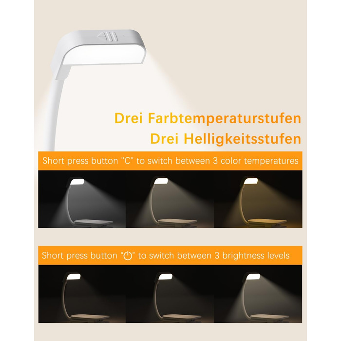 LED-лампа для читання з USB-зарядкою, 9 світлодіодів, 3 режими температури кольору, регульована яскравість, гнучкий поворот на 360°, для читання в ліжку