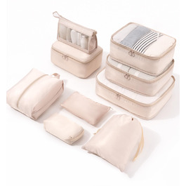 Органайзер для валізи Meowoo, 8-кількість, набір кубиків для пакування, для подорожей та бізнесу, з кишенями для одягу, для зберігання багажу, система організації (Бежевий-9шт)