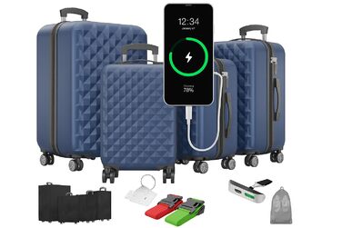 Преміум набір валіз 4-в-1: жорсткий корпус, TSA-Lock, USB-порт, ваги, ремені, адресники, тримач для напоїв, сумочка для взуття, захисні чохли (темно-синій)