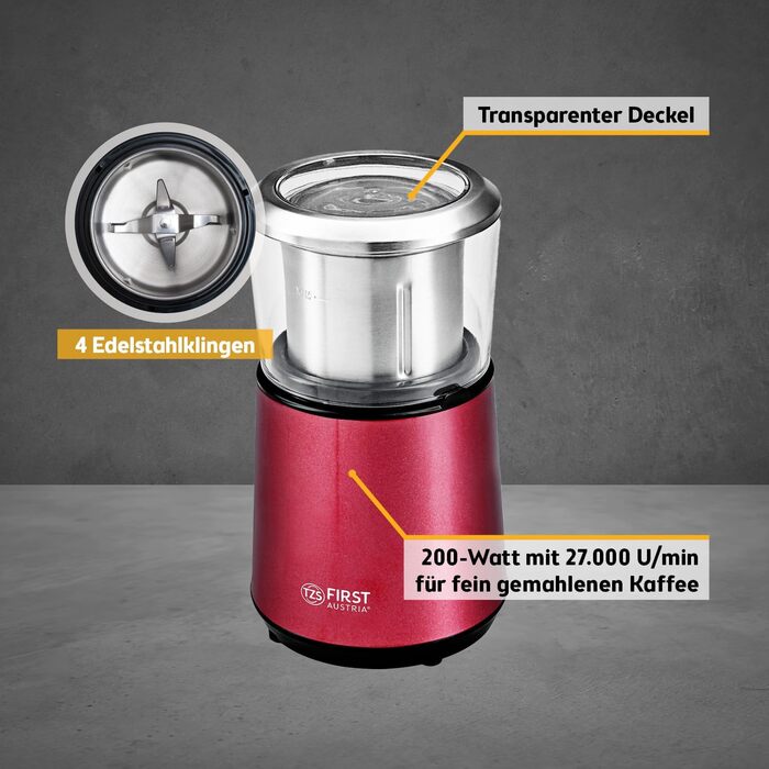 Електрична кавомолка TZS First Austria: 200W, 27 000 об/хв, 4 леза з нержавіючої сталі, 50г контейнер, тиха робота, легке очищення, з кабелем