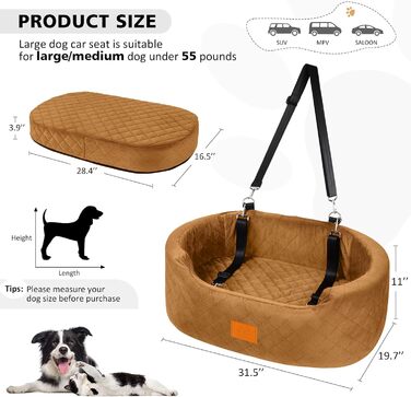 Dog Car Seat for Medium/Large Dogs (Up to 25kg) or 2 Small Dogs - with Safety Leashes & Washable Cushion - Rear Seat (Coffee Color)