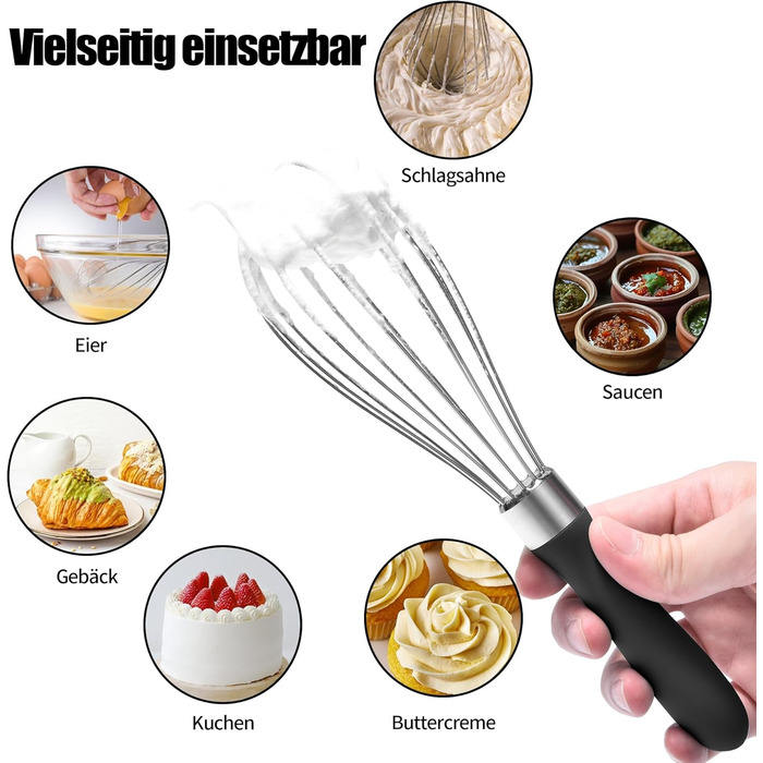 Міксер ручний кухонний Doosu 28 см, з нержавіючої сталі 18/8, 8 гнучких дротів, для змішування, збивання, приготування тіста (Чорний, S-23cm)