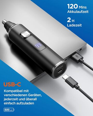 Триммер для носа, вух та брів Herren 3-в-1 з LED-дисплеєм, USB-C, IPX7, чорний - для чоловіків та жінок